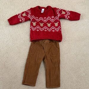 Carter's Festive Red Sweater with Reindeer Design with brown corduroy